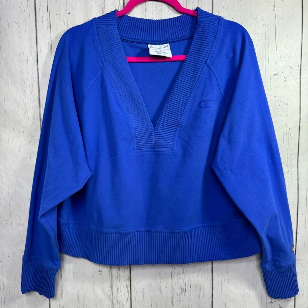 Champion Blue Deep V Neck Sweatshirt Womens L Preppy Athleisure Retro Fit Y2K